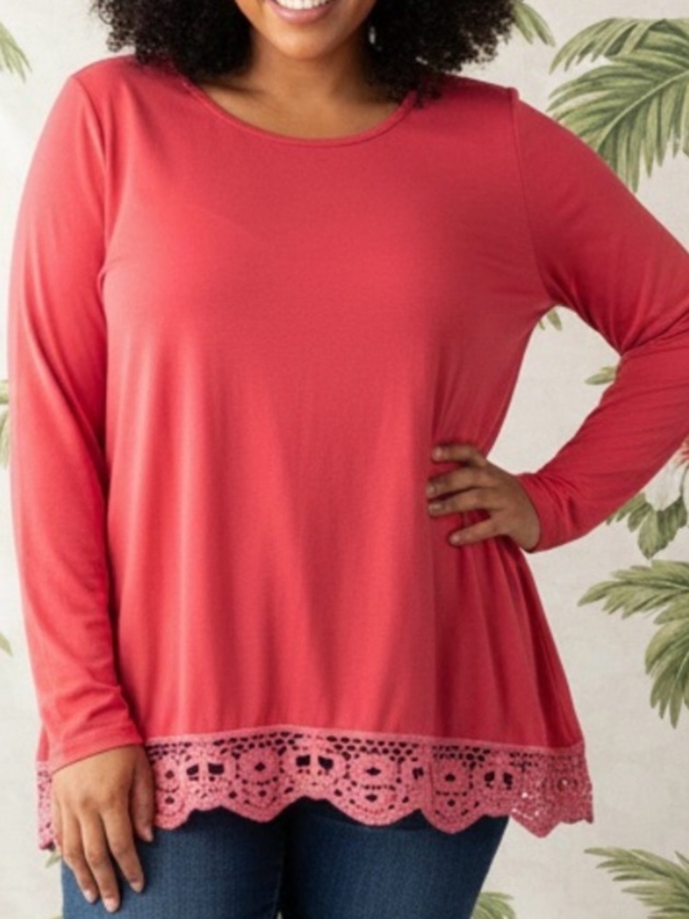 Hot Pink Long Sleeve Top with Lace Hem 🌺